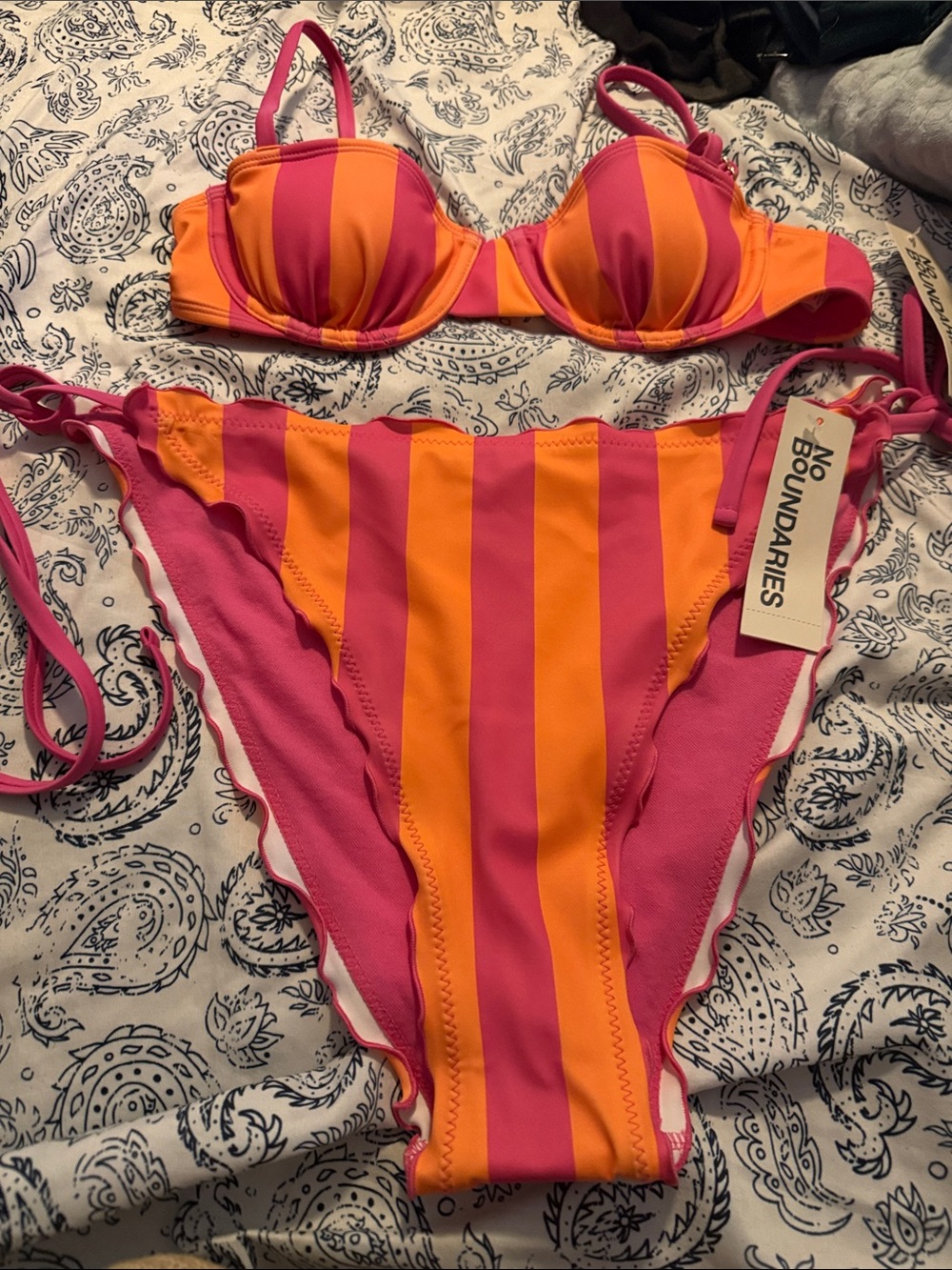 No Boundaries Pink and Orange Striped Bikini Set